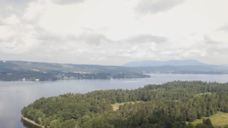 aerial view of woodland with lake beyond - Bluffside Farm Newport Vermont