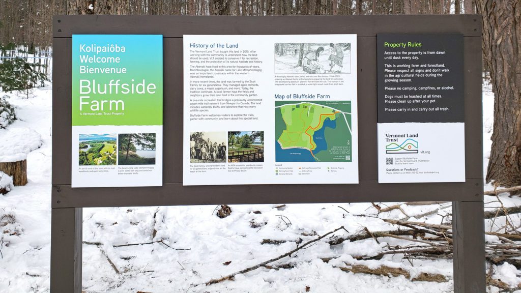 Three panel kiosk sign at Bluffside Farm in Newport installed by the Vermont Land Trust in Winter 2022