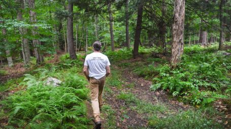 Man with t-shirt that says "uniting land and lives" walking through Whetstone Woods trail in Brattleboro Vermont