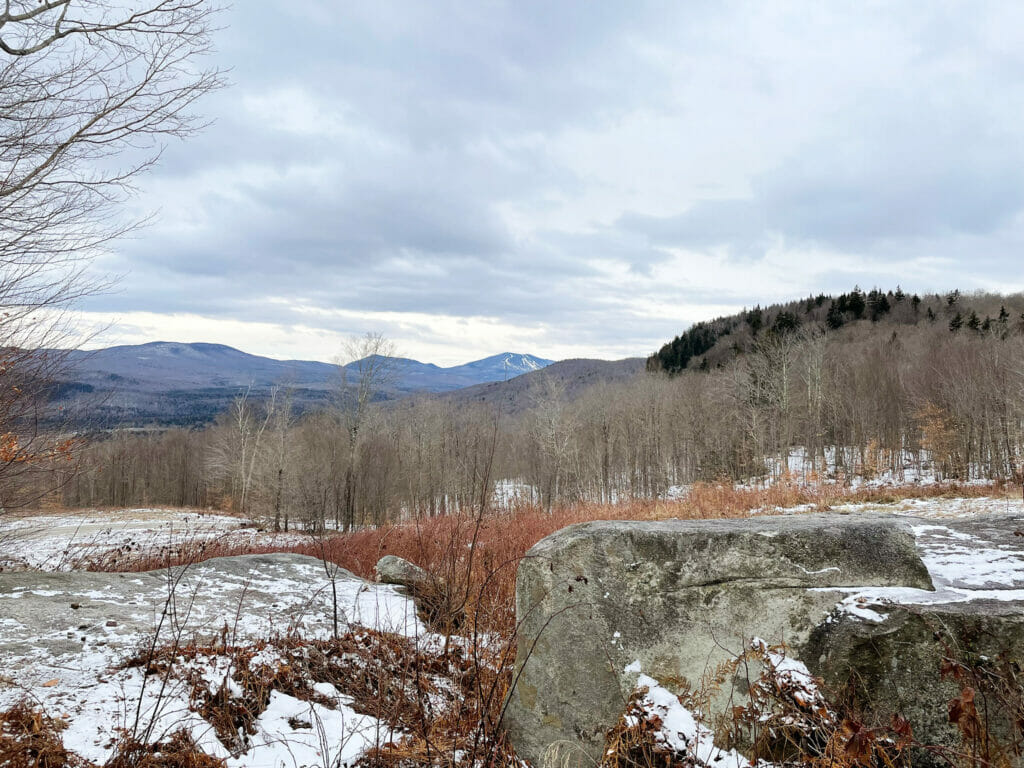 Large rocks and bare winter trees with hills in the distance - Newark Vermont