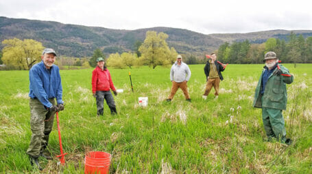 people with shovels and a bucket in a field - tree planting - Vermont