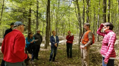 People standing in a forest, listening to a presenter