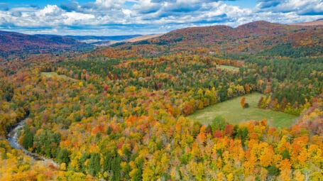 aerial view of fall colors in forest with small hay field to the right and a meandering river to the left. Montgomery, Vermont.