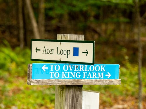 trail signs saying 'Acer Loop' and 'To King Farm' on a post with woods in background. King Farm Vermont