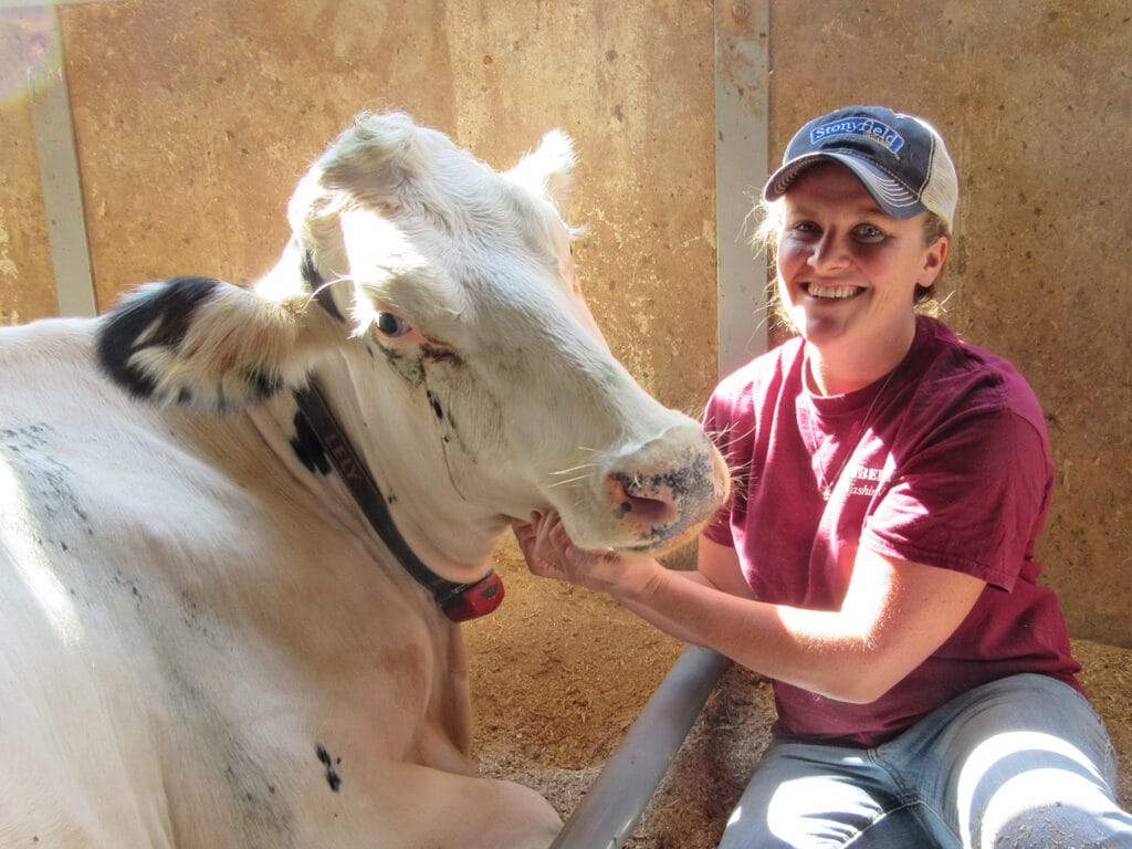 Smiling woman in barn with a white cow, sunlight pouring in