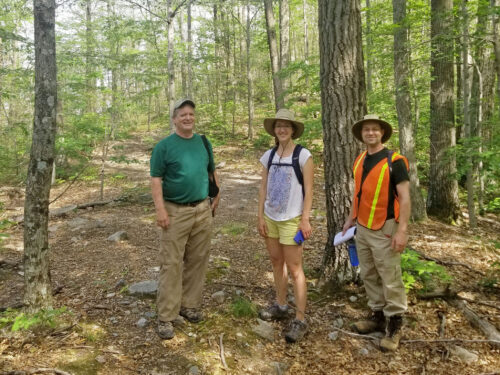 one woman and two men standing in the woods. Monkton Town Forest Committee