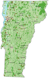 Map of Vermont with markers where VLT conserved land.