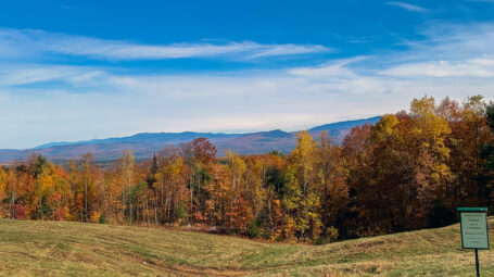 A field, trees with fall foliage, and mountains and sky beyond.