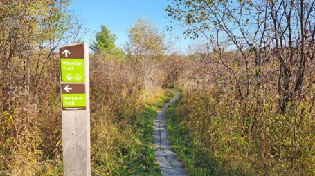 photo shows post with sign for park and trails on left, with path through grasses and shrubs on the right. Wheeler Nature Park