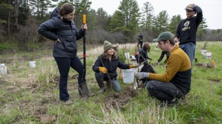 A group of high school students stand and kneel in a grassy field to plant native trees that will restore the habitat.