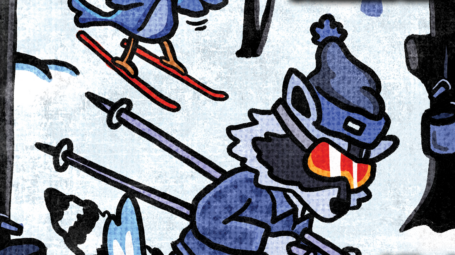 Illustrated image of a racoon skiing