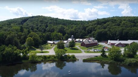 An aerial view of the barn complex of Retreat Farm in Brattleboro Vermont