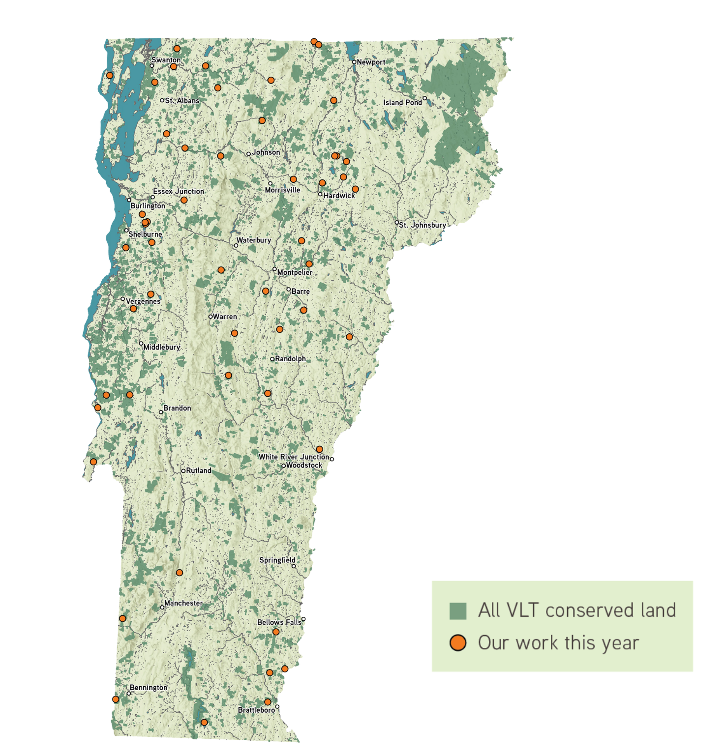 A map of Vermont showing orange dots for where VLT has worked this year and green spots for land previously conserved by VLT.