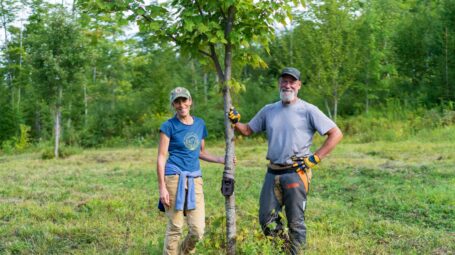 A man and a woman stand holding a young tree in the middle of a field
