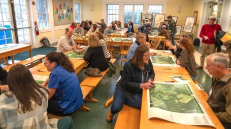 People sit and chat around tables, each of which have maps on them.