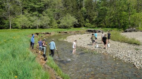 A group of people crossing a stream to reach a gravel bar on the other side