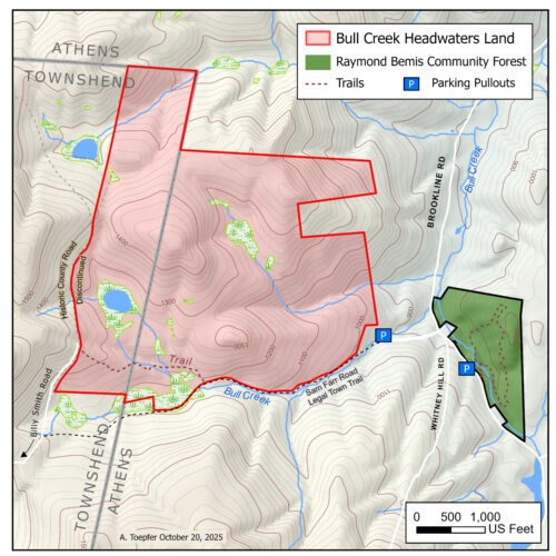 Topographic map showing BCCL Headwaters and Raymond Bemis Community Forest