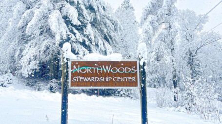 A NorthWoods Stewardship Sign on a snowy day