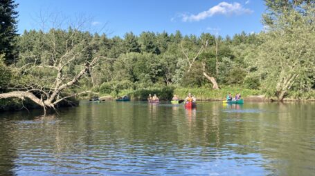 A group of people paddle down a river in summer.