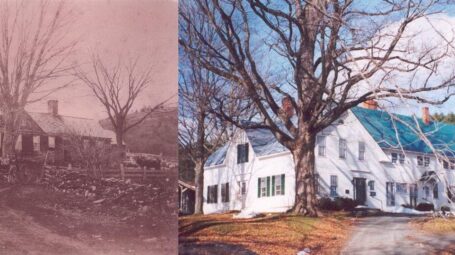 Two images show a historc view of a farmhouse, with a matched, modern view of the same farmhouse.