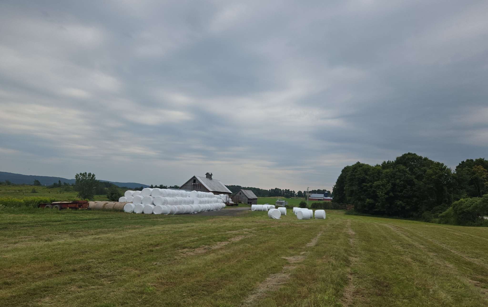 Stacks of wrapped round bales outside a barn with fields in the foreground.