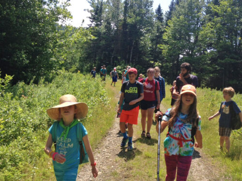 group of children on a trail through woods as part of summer camp. NorthWoods Stewardship Center
