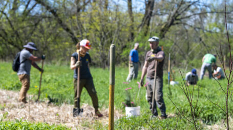 close up of shovel handle with people working on sunny day in background